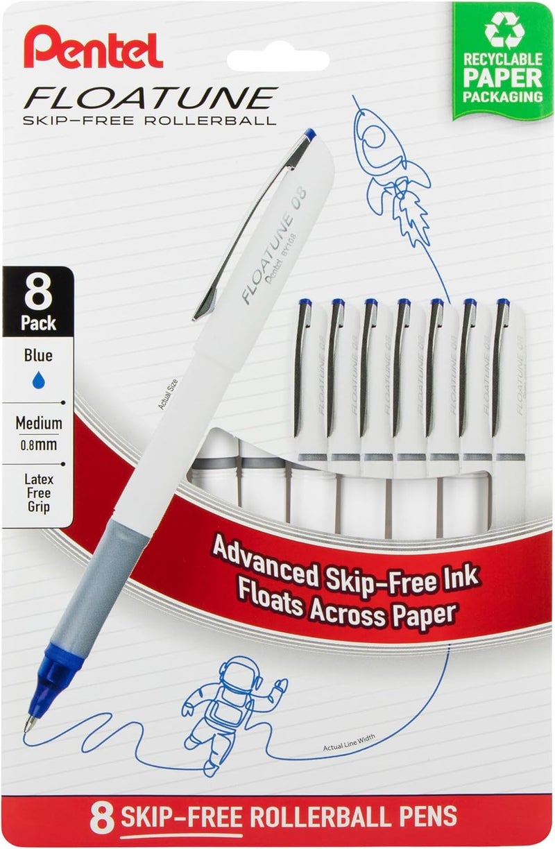 Pentel Floatune Rollerball, 0.8mm medium point, Blue Ink, Pack of 8 pens (BY108PF8C) - Image 1